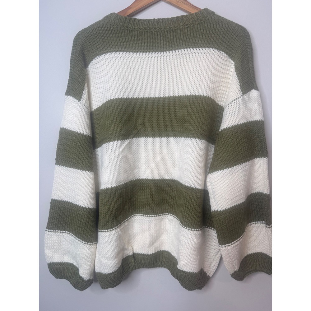 Blakeley Kadie Striped Sweater Olive Green Cream Chunky Knit Pullover L/XL - Picture 2 of 4